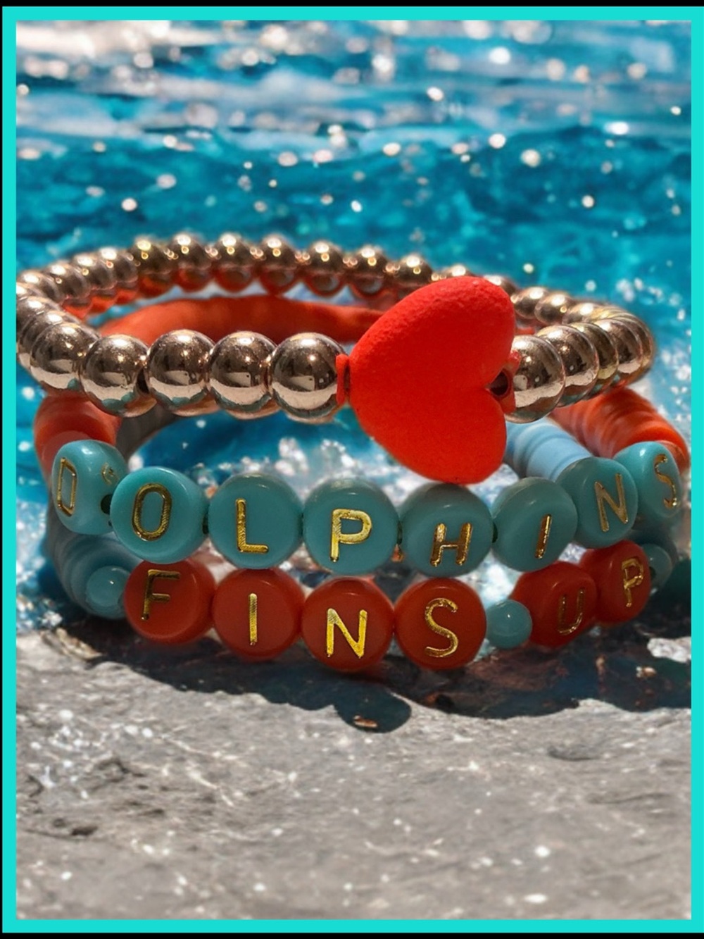 NFL Miami Dolphins ~ Fins - 3 piece Beaded Bracelet set ( New Handmade )